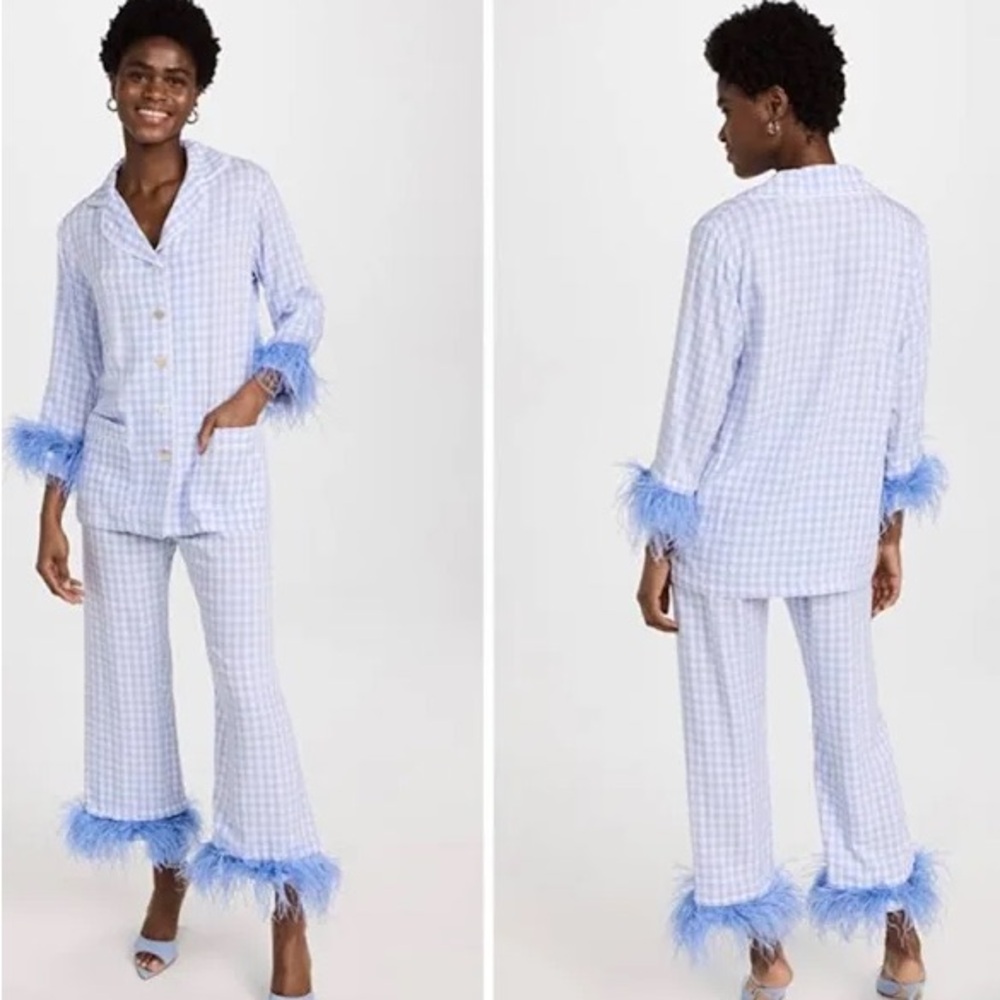SLEEPER NWT Blue Checkered Pajama Set with Feather Trim